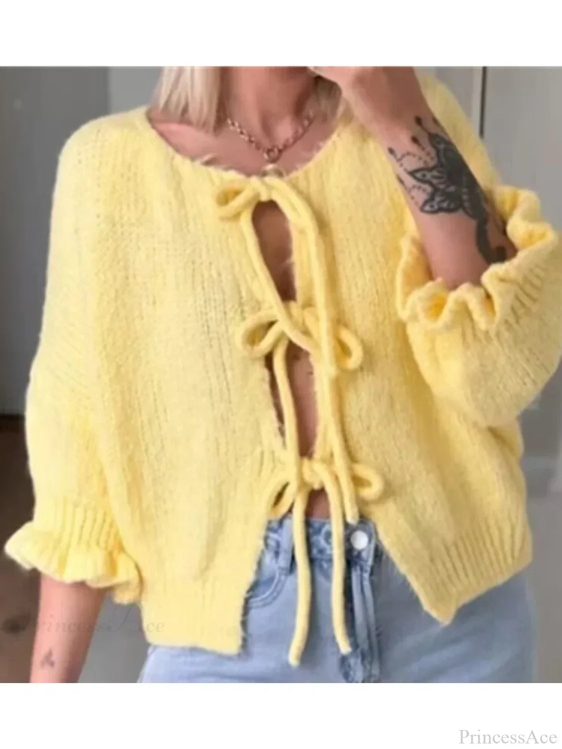 Lace-Up Petal Sleeve Thick Knit O-Neck Cardigan image 1