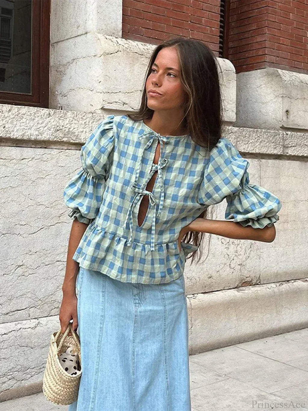 Lace-Up Tie-Up Puff Sleeve Midi Blouse image 1