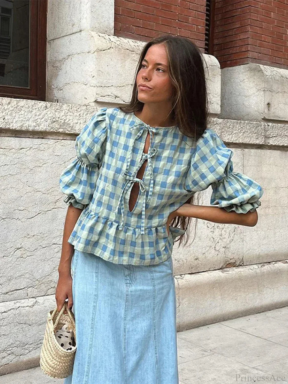 Lace-Up Tie-Up Puff Sleeve Midi Blouse image 1