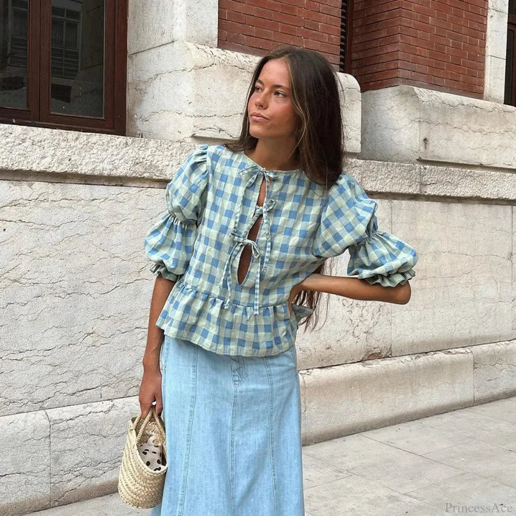 Lace-Up Tie-Up Puff Sleeve Midi Blouse image 6