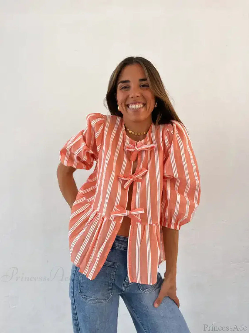 Lace-Up Tie-Up Puff Sleeve Midi Blouse image 8