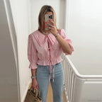 Lace-Up Tie-Up Puff Sleeve Midi Blouse image 7