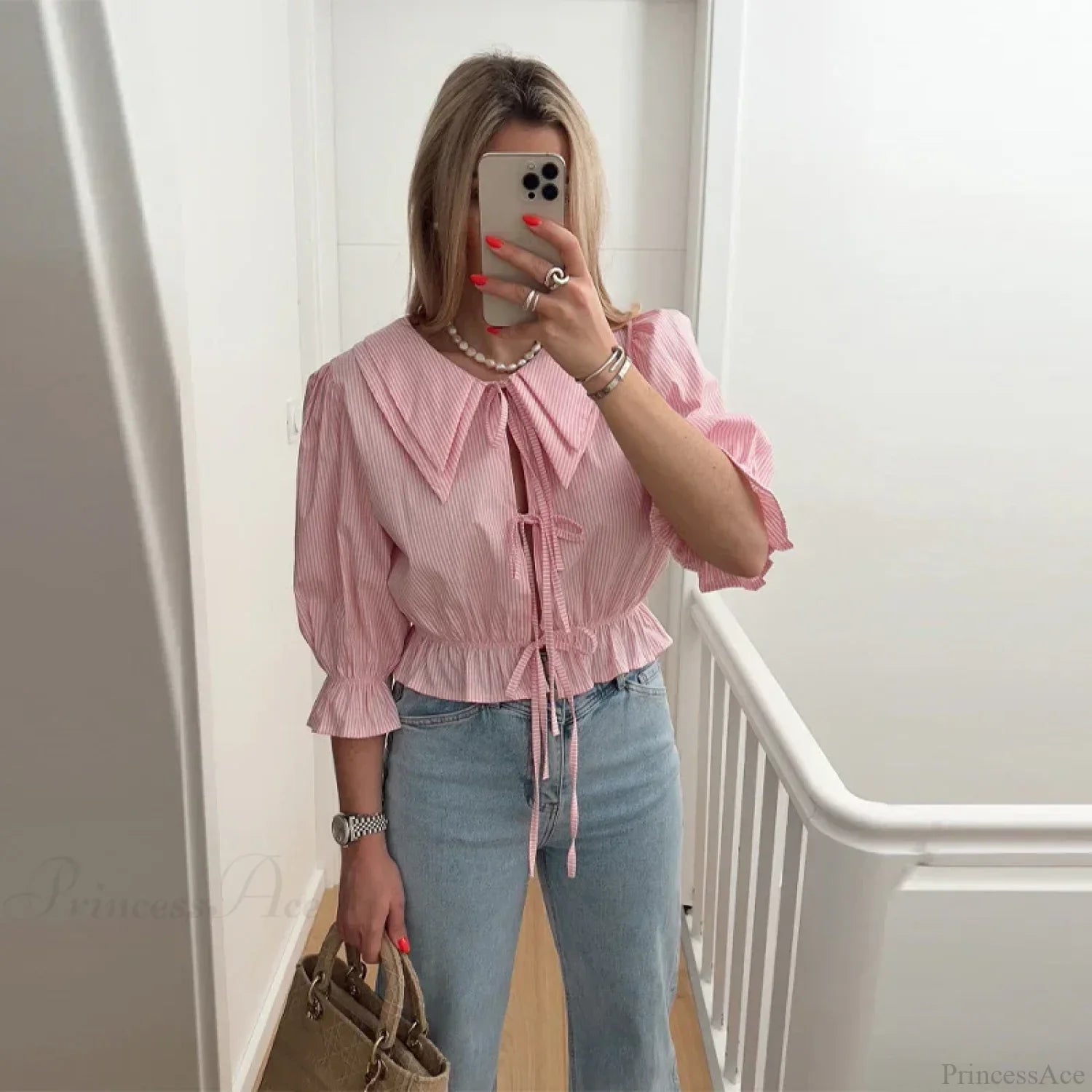 Lace-Up Tie-Up Puff Sleeve Midi Blouse image 7