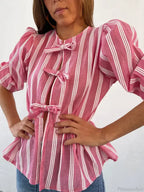 Lace-Up Tie-Up Puff Sleeve Midi Blouse image 9