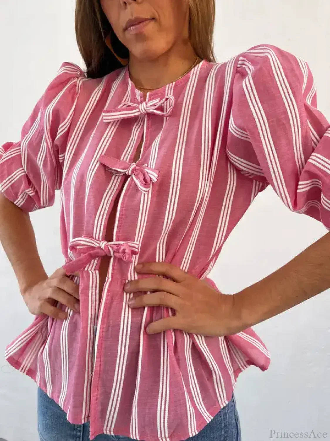 Lace-Up Tie-Up Puff Sleeve Midi Blouse image 9