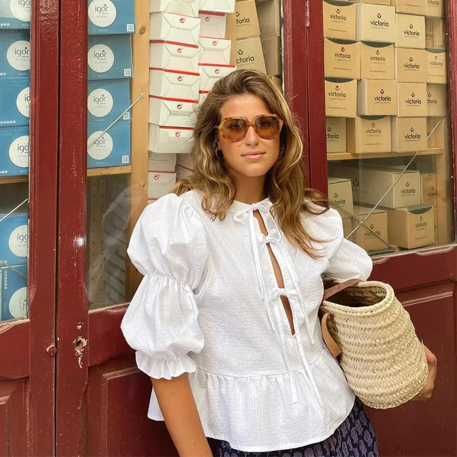 Lace-Up Tie-Up Puff Sleeve Midi Blouse image 5