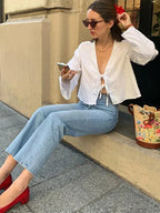 Lace-Up V-neck Loose Casual Long Sleeve Blouse image 3