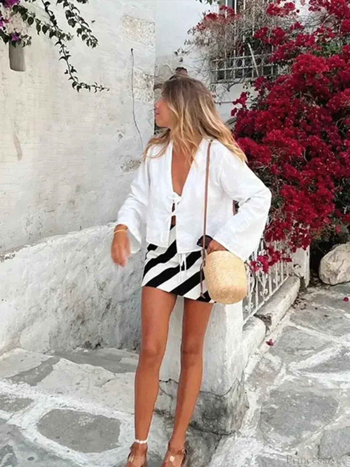 Lace-Up V-neck Loose Casual Long Sleeve Blouse image 2