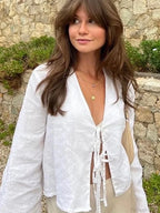 Lace-Up V-neck Loose Casual Long Sleeve Blouse image 1