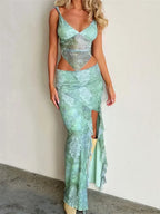 Lace V-neck Backless Camis Top High Split Skirt Summer Set image 8