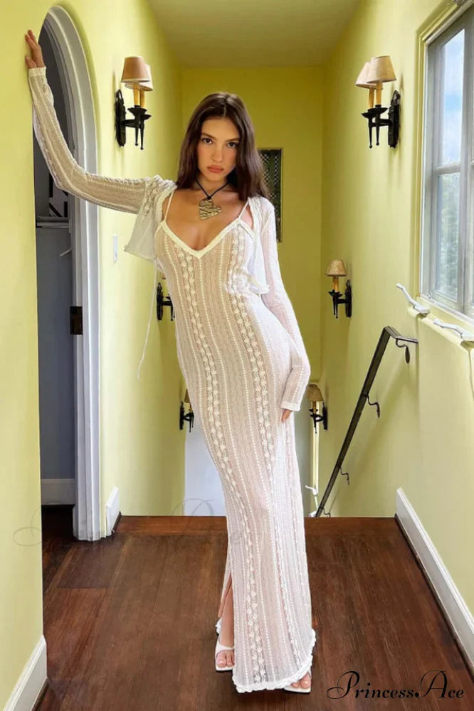 Lace V Neck Charming Slit Two-Piece Dress image 3