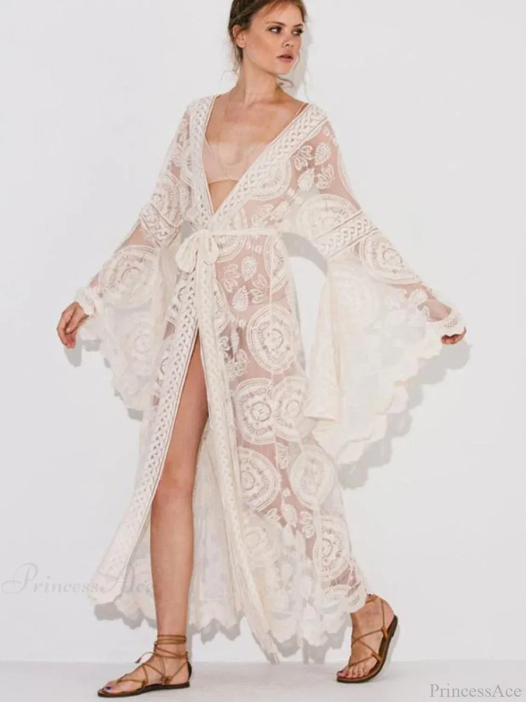 Lace V-Neck Flare Sleeve Beach Cover Up image 4