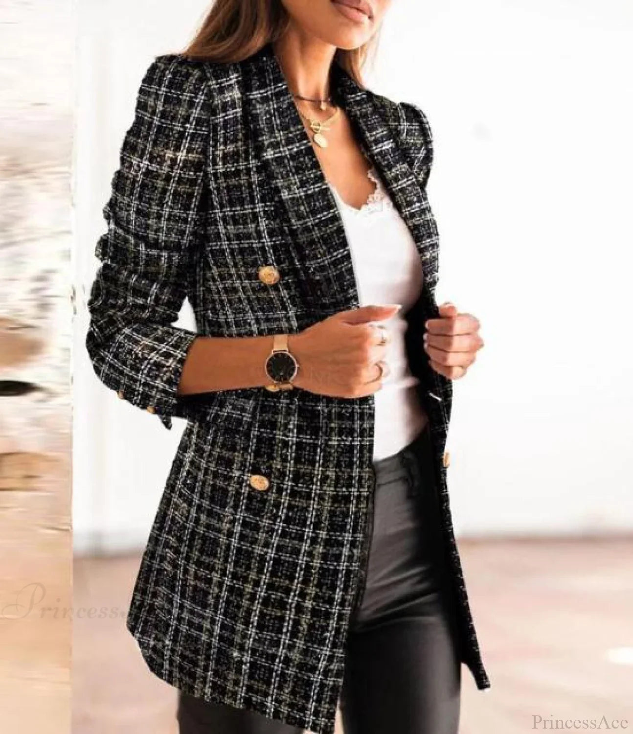 Lady Elegant Double-breasted Check Slim Long-sleeved Blazer image 3