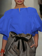 Lantern Quarter Sleeve Button Round Neck Blouse image 2