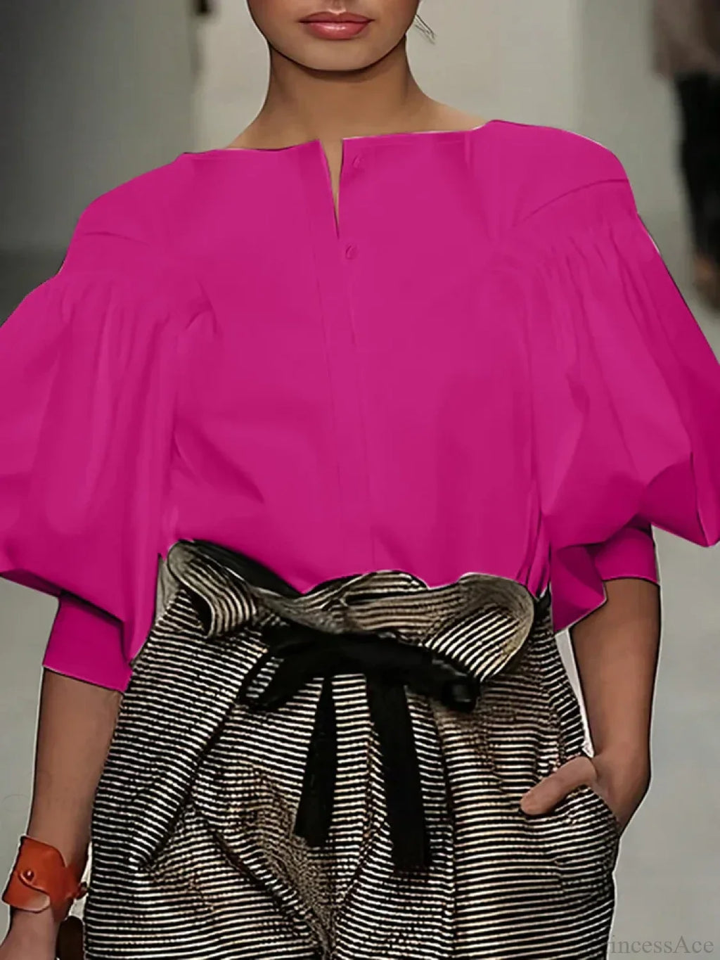 Lantern Quarter Sleeve Button Round Neck Blouse image 3