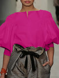 Lantern Quarter Sleeve Button Round Neck Blouse image 3