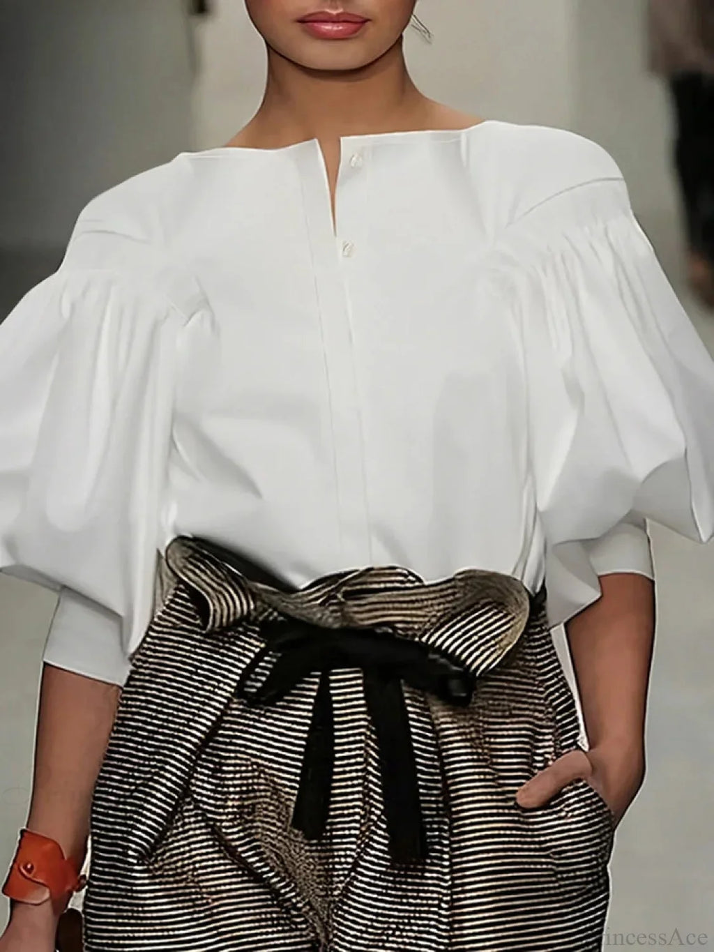 Lantern Quarter Sleeve Button Round Neck Blouse image 1