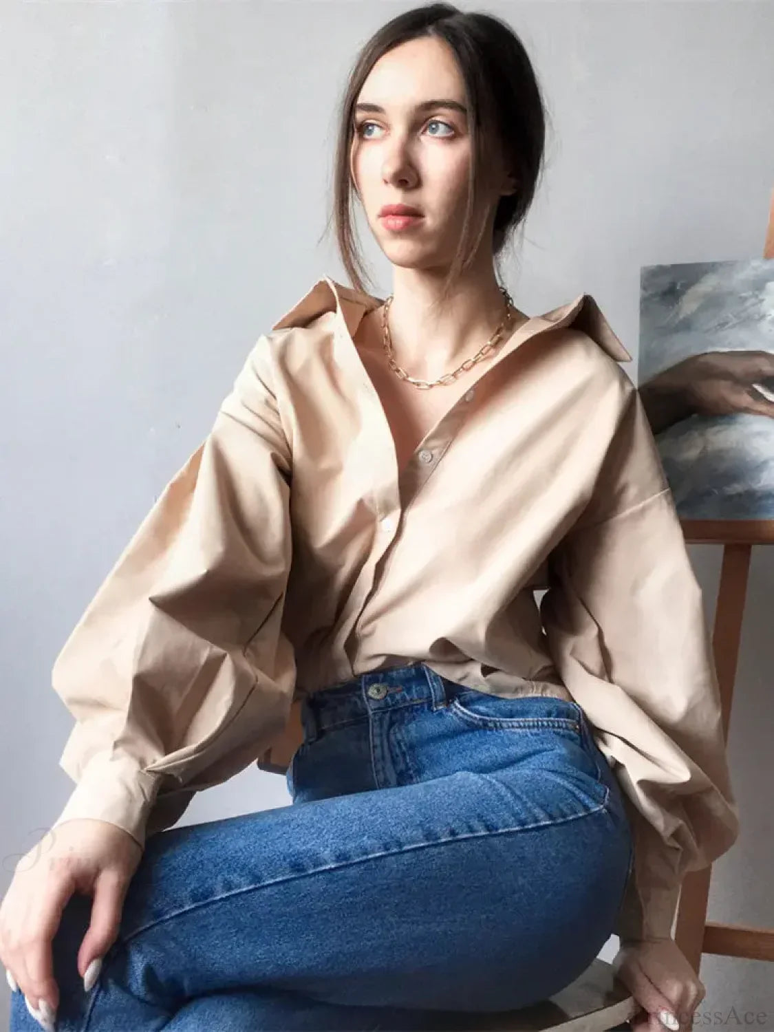 Lantern Sleeve Button Collar Blouse image 5