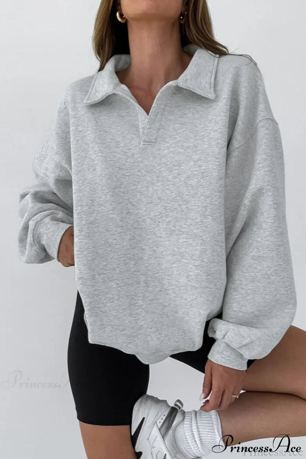 Lantern Sleeve Polo Collar Loose Sweatshirt image 5