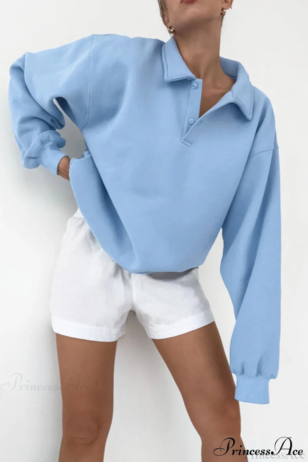 Lantern Sleeve Polo Collar Loose Sweatshirt image 1