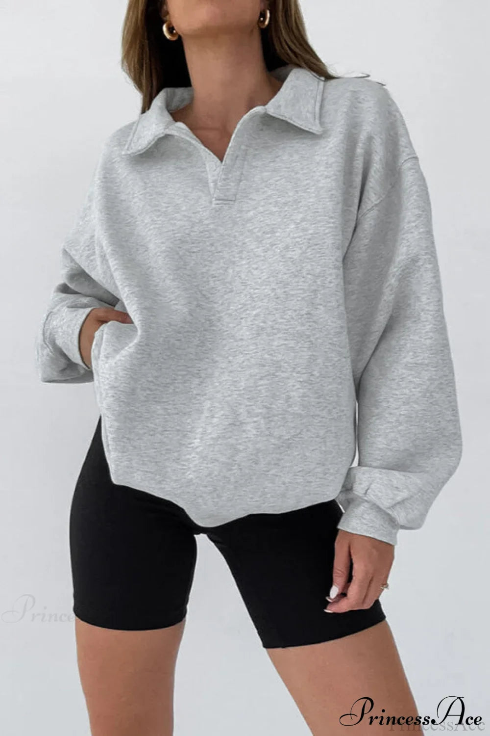 Lantern Sleeve Polo Collar Loose Sweatshirt image 4