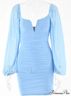 Lantern Sleeve Ruched Bodycon Dress with V-Cut image 9