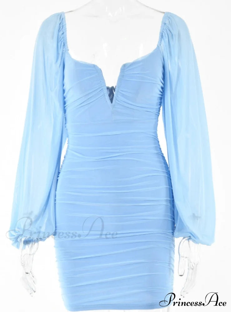 Lantern Sleeve Ruched Bodycon Dress with V-Cut image 9