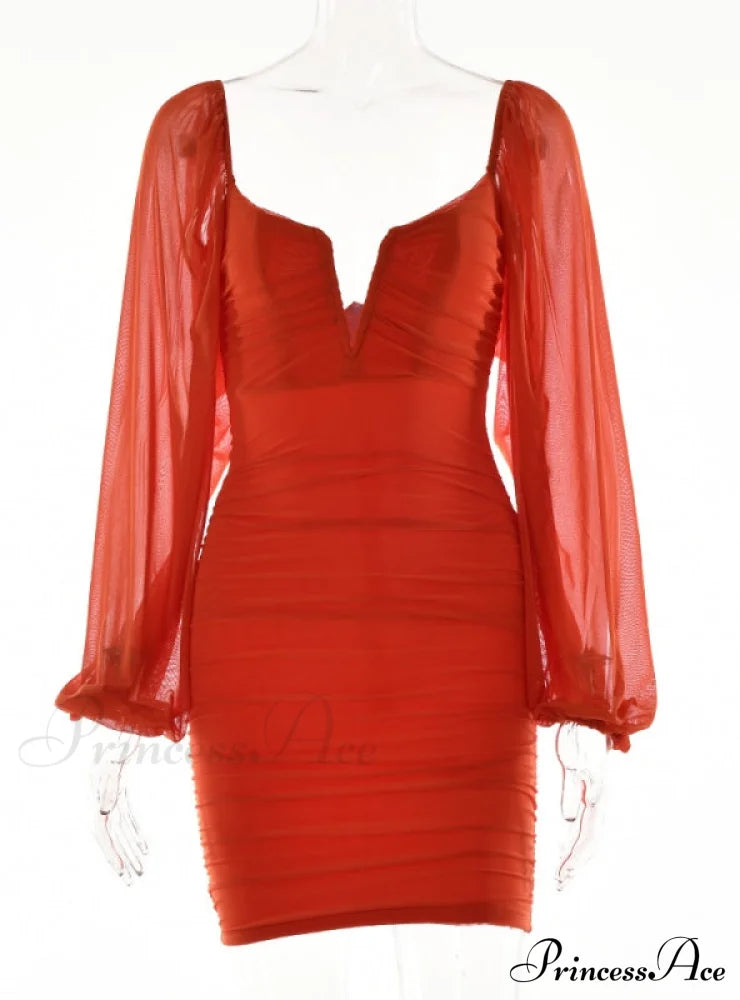 Lantern Sleeve Ruched Bodycon Dress with V-Cut image 12
