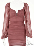 Lantern Sleeve Ruched Bodycon Dress with V-Cut image 10