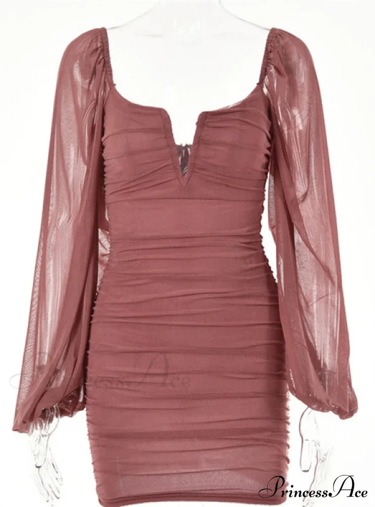 Lantern Sleeve Ruched Bodycon Dress with V-Cut image 10