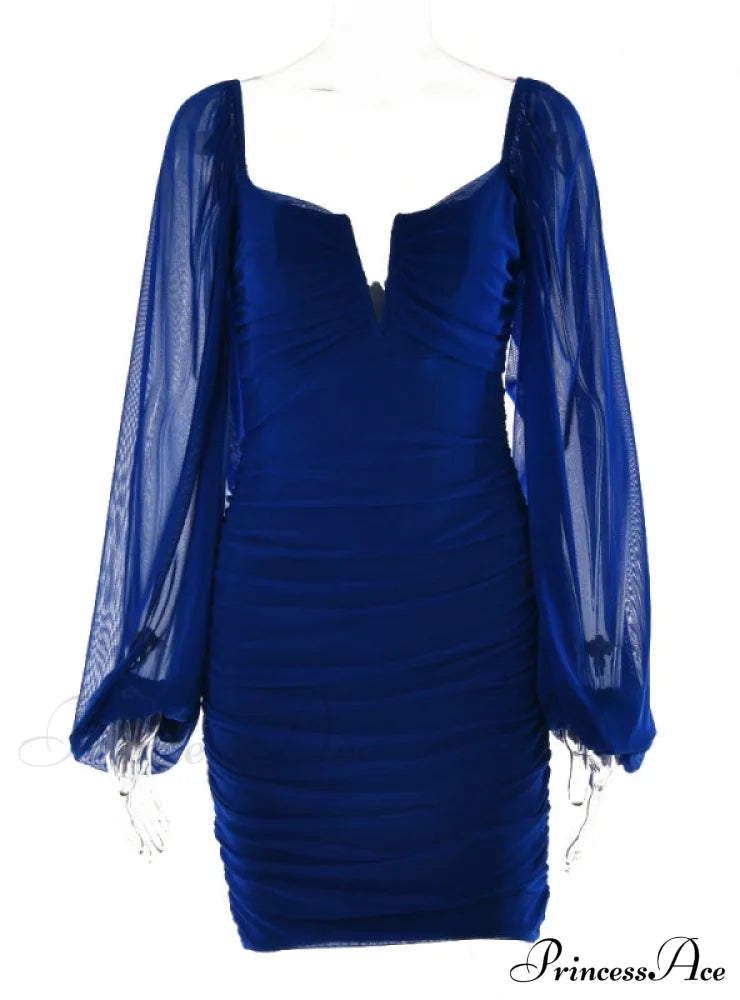 Lantern Sleeve Ruched Bodycon Dress with V-Cut image 11