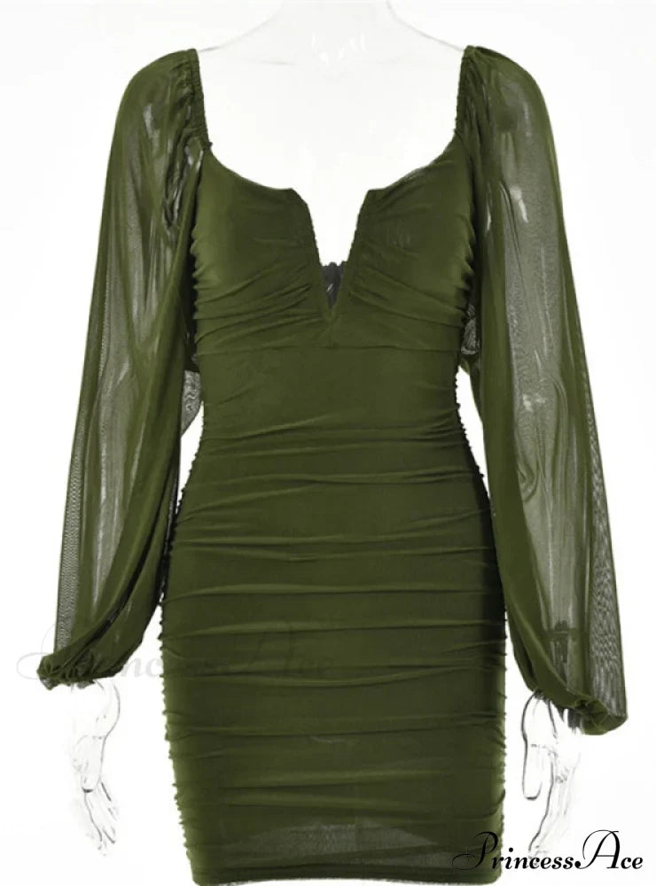 Lantern Sleeve Ruched Bodycon Dress with V-Cut image 4