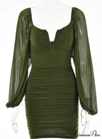Lantern Sleeve Ruched Bodycon Dress with V-Cut image 4