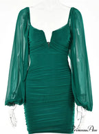 Lantern Sleeve Ruched Bodycon Dress with V-Cut image 7