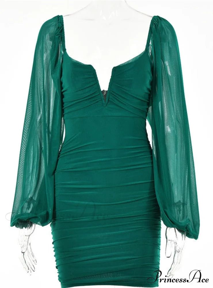 Lantern Sleeve Ruched Bodycon Dress with V-Cut image 7