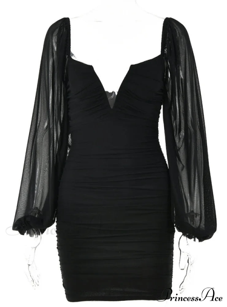 Lantern Sleeve Ruched Bodycon Dress with V-Cut image 8