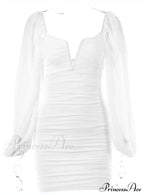 Lantern Sleeve Ruched Bodycon Dress with V-Cut image 6