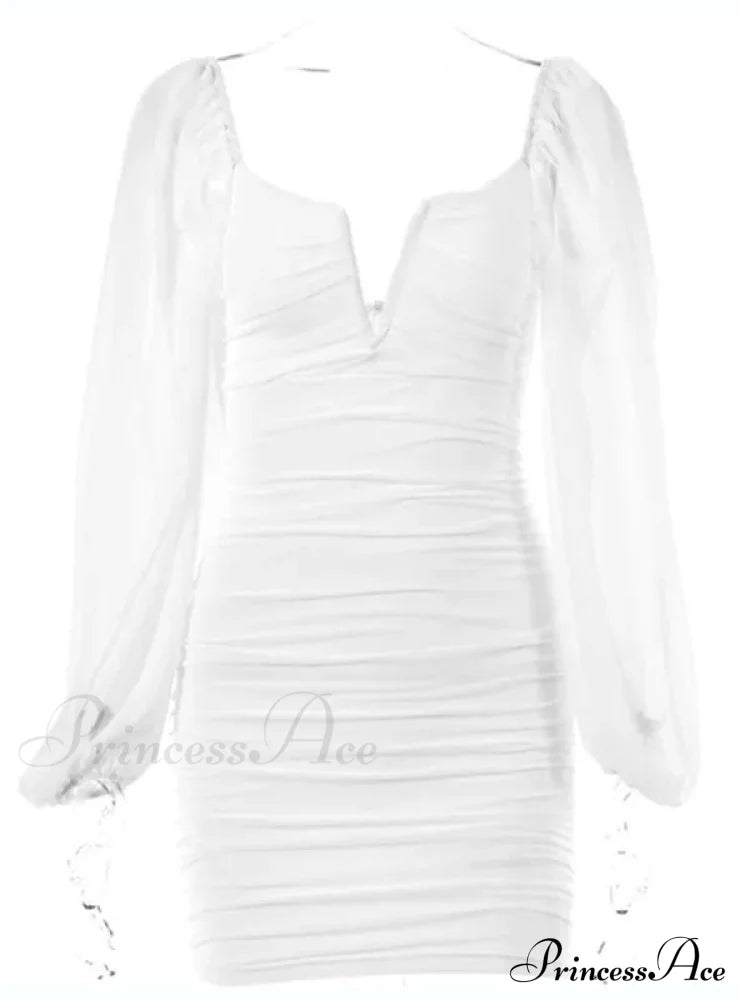 Lantern Sleeve Ruched Bodycon Dress with V-Cut image 6