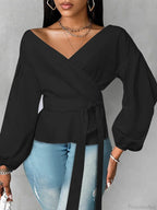 Lantern Sleeve Ruffled Belted Solid Color Blouse image 3