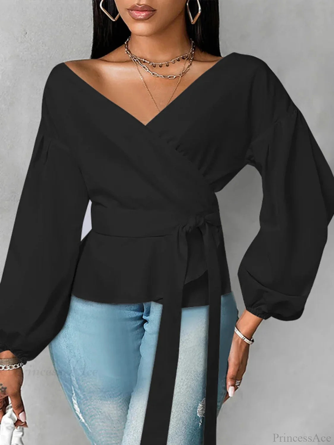 Lantern Sleeve Ruffled Belted Solid Color Blouse image 3