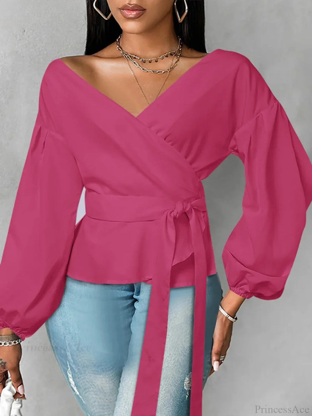 Lantern Sleeve Ruffled Belted Solid Color Blouse image 2