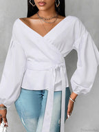 Lantern Sleeve Ruffled Belted Solid Color Blouse image 1