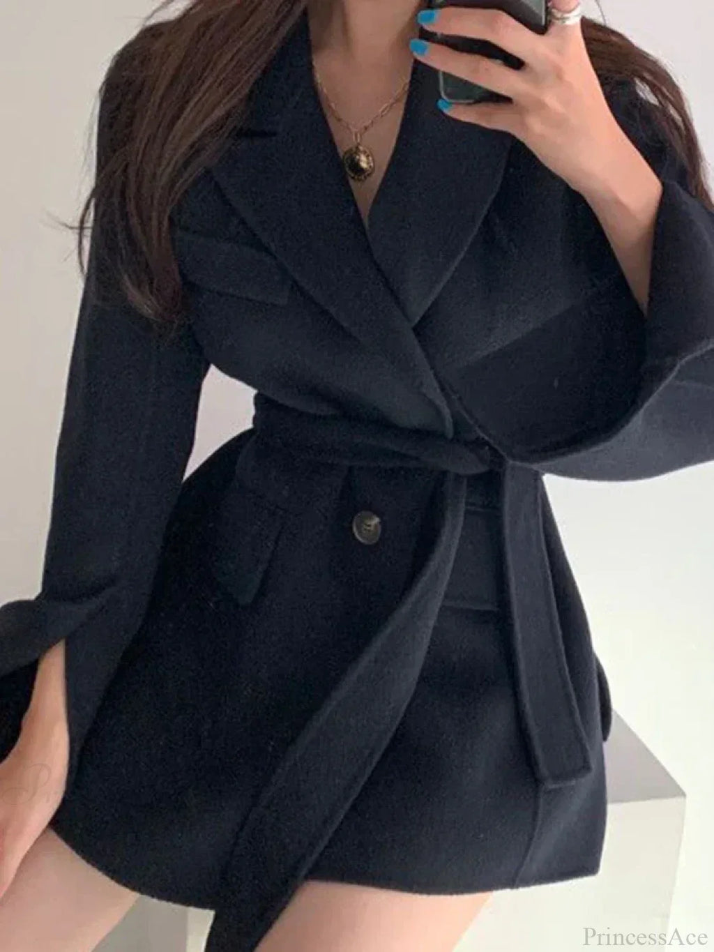 Lapel Belted Spliced Pockets Overcoat image 2