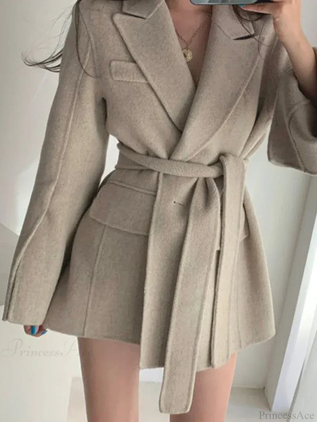Lapel Belted Spliced Pockets Overcoat image 3
