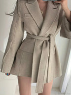 Lapel Belted Spliced Pockets Overcoat image 3