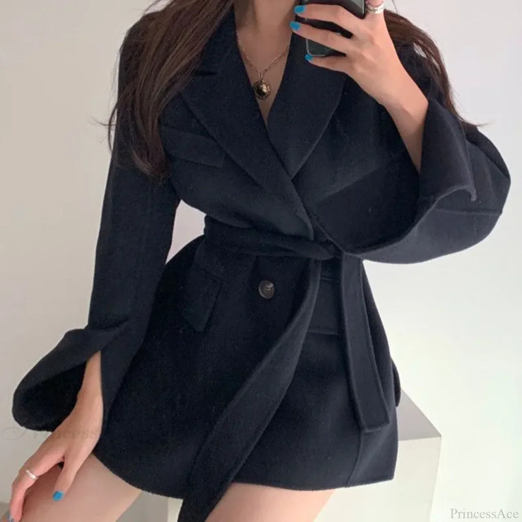 Lapel Belted Spliced Pockets Overcoat image 5