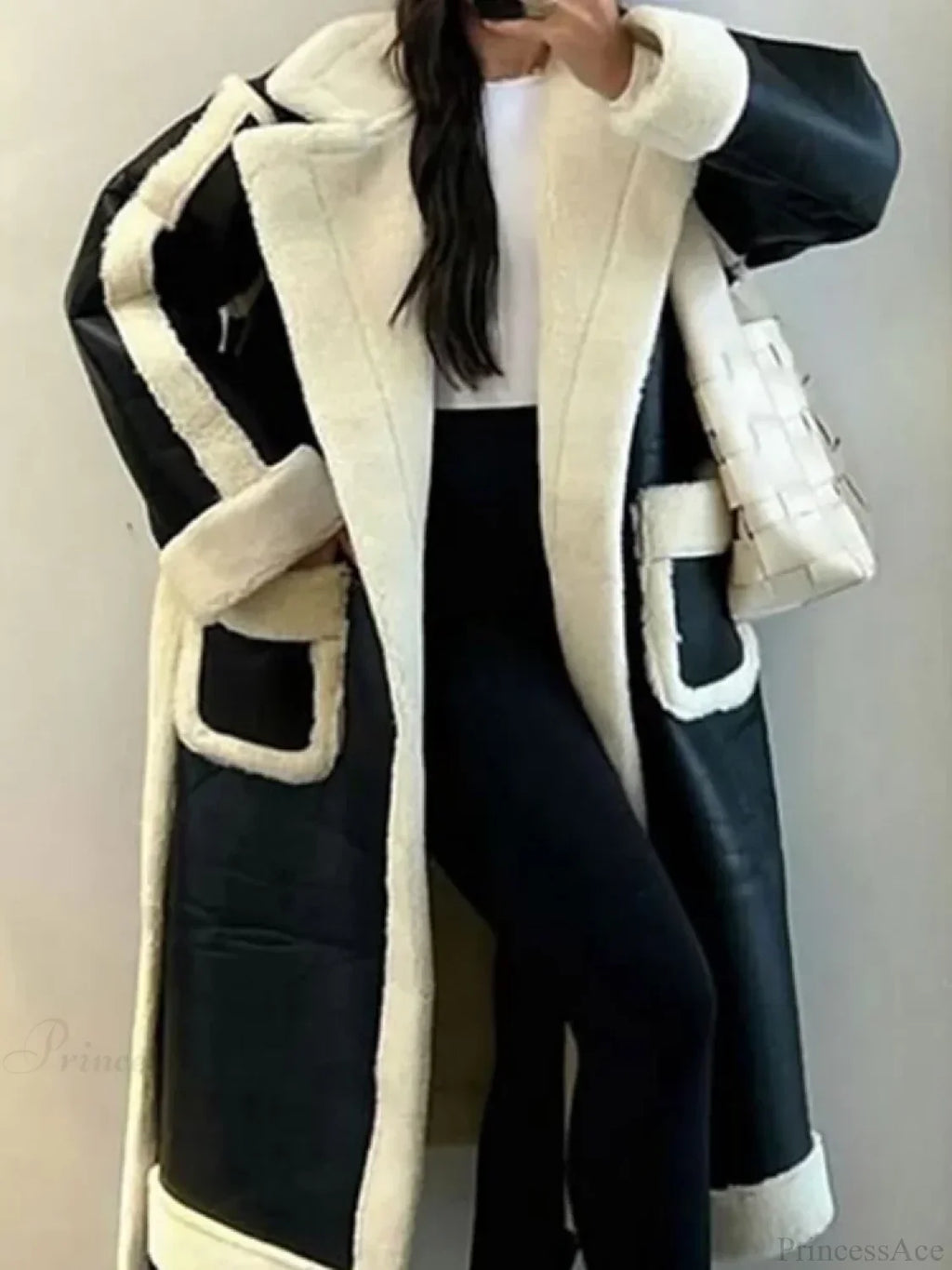 Lapel Contrast Leather Loose Coat image 3