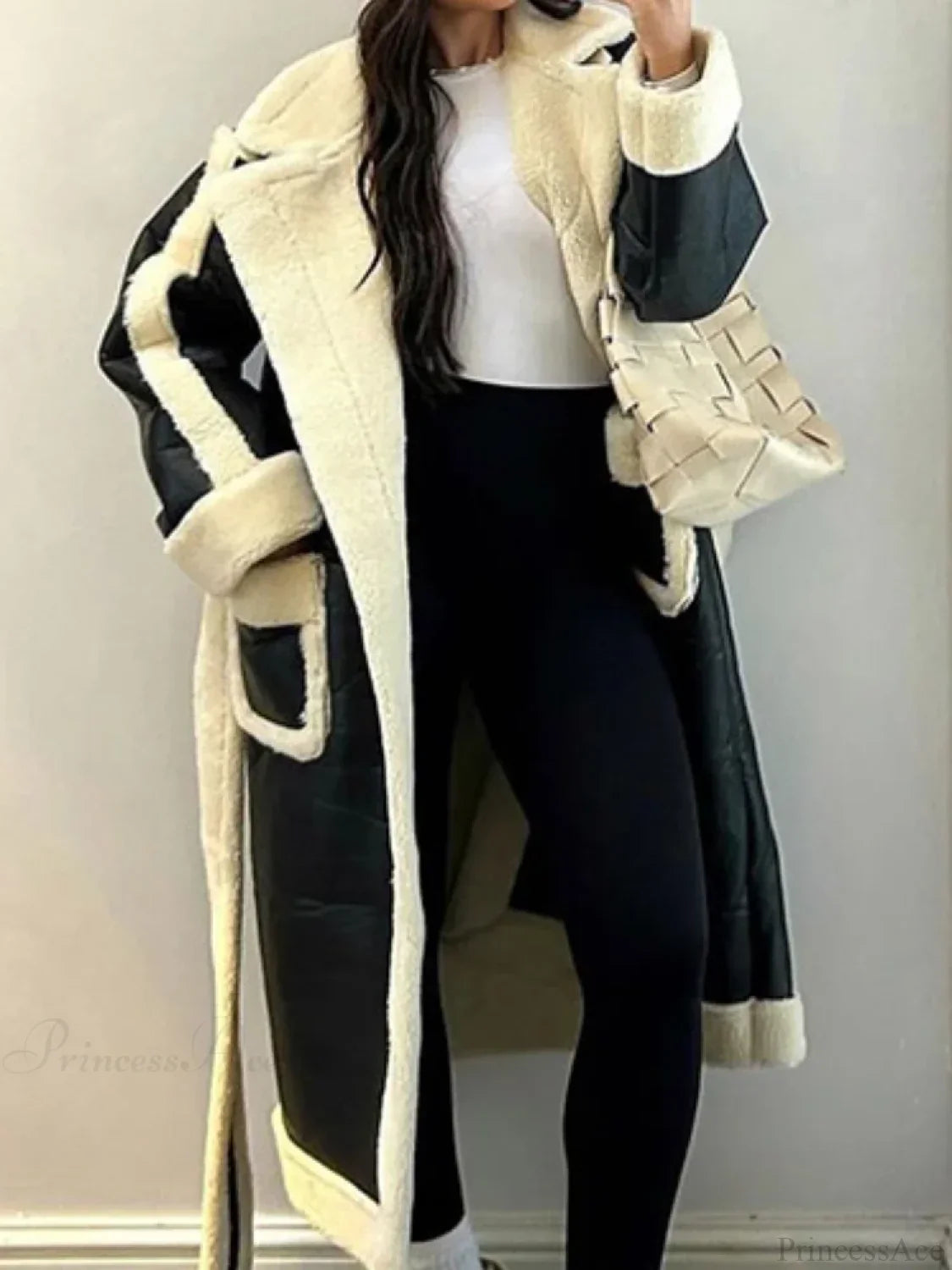 Lapel Contrast Leather Loose Coat image 2