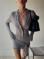 Lapel Pleated See-Through Mini Dress image 1
