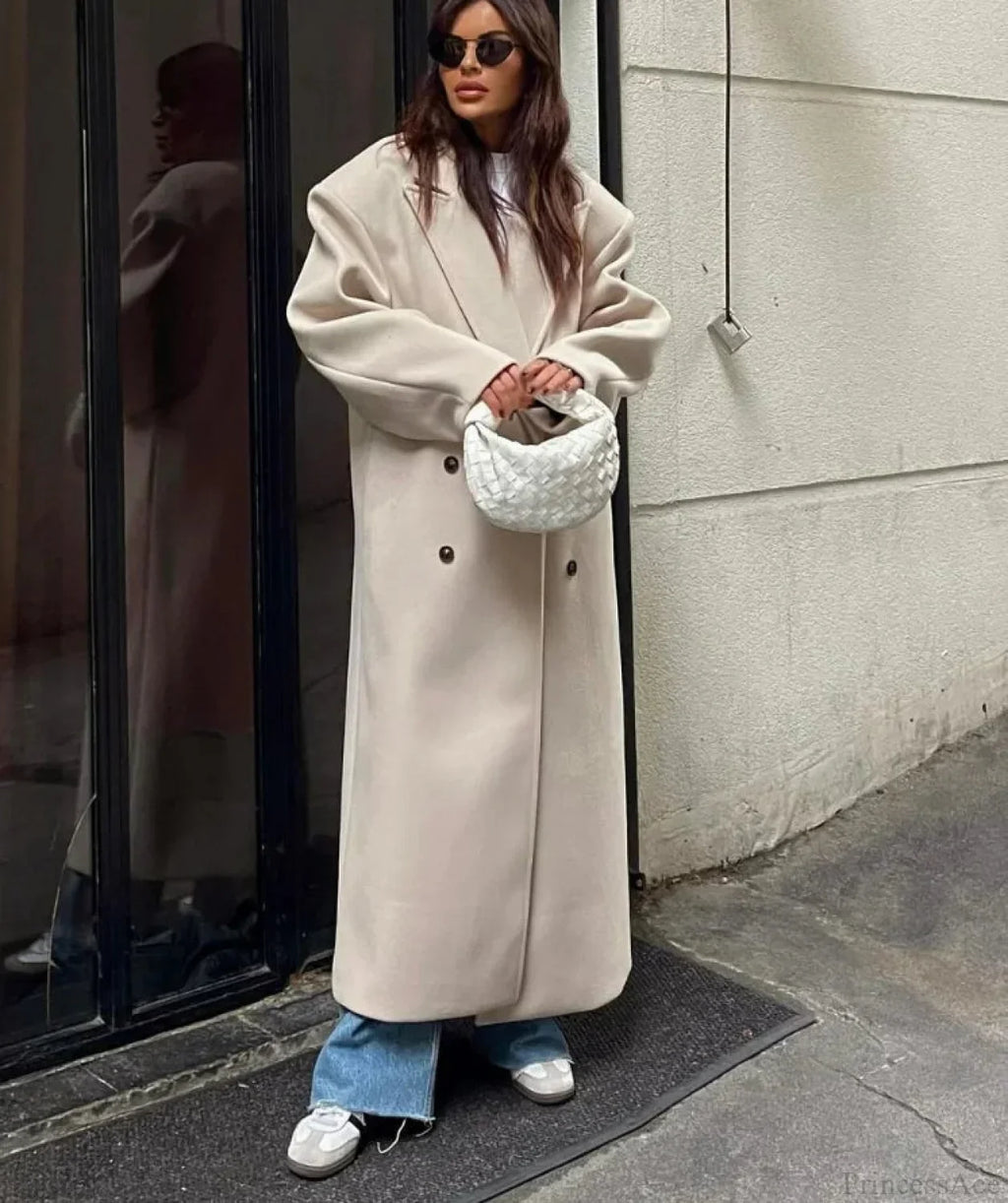 Lapel Woolen Double-Breasted Shoulder Pad Overcoat image 3